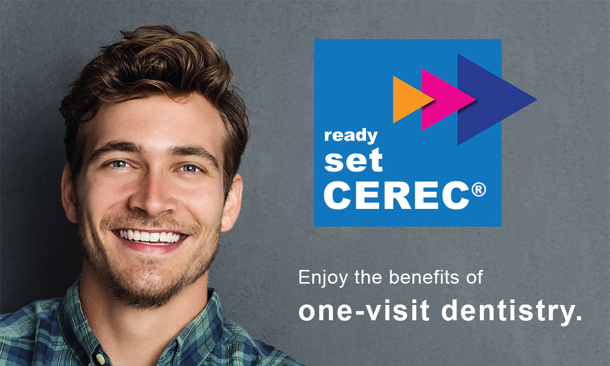 The image features a smiling man with blue eyes, wearing a plaid shirt, standing against a gray background. He appears to be promoting dental care services, as indicated by the text SET DENTAL CARE and READY SET CEREC, which suggests he is endorsing a specific dental technology or service. The logo of the company is visible in the bottom right corner, and there s an advertisement for a dental clinic with the tagline ENJOY THE BENEFITS OF REVISIT DENTISTRY in the lower left.