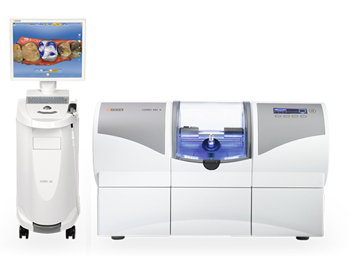 The image shows a modern dental office setup with various pieces of equipment, including a digital display screen, a dental chair, and a machine with a blue light on top, which could be an X-ray device or a 3D scanner, all set against a white background.